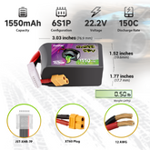 OVONIC R-Line 5.0 1550mAh 6S 150C 22.2V Lipo Battery with XT60 Plug